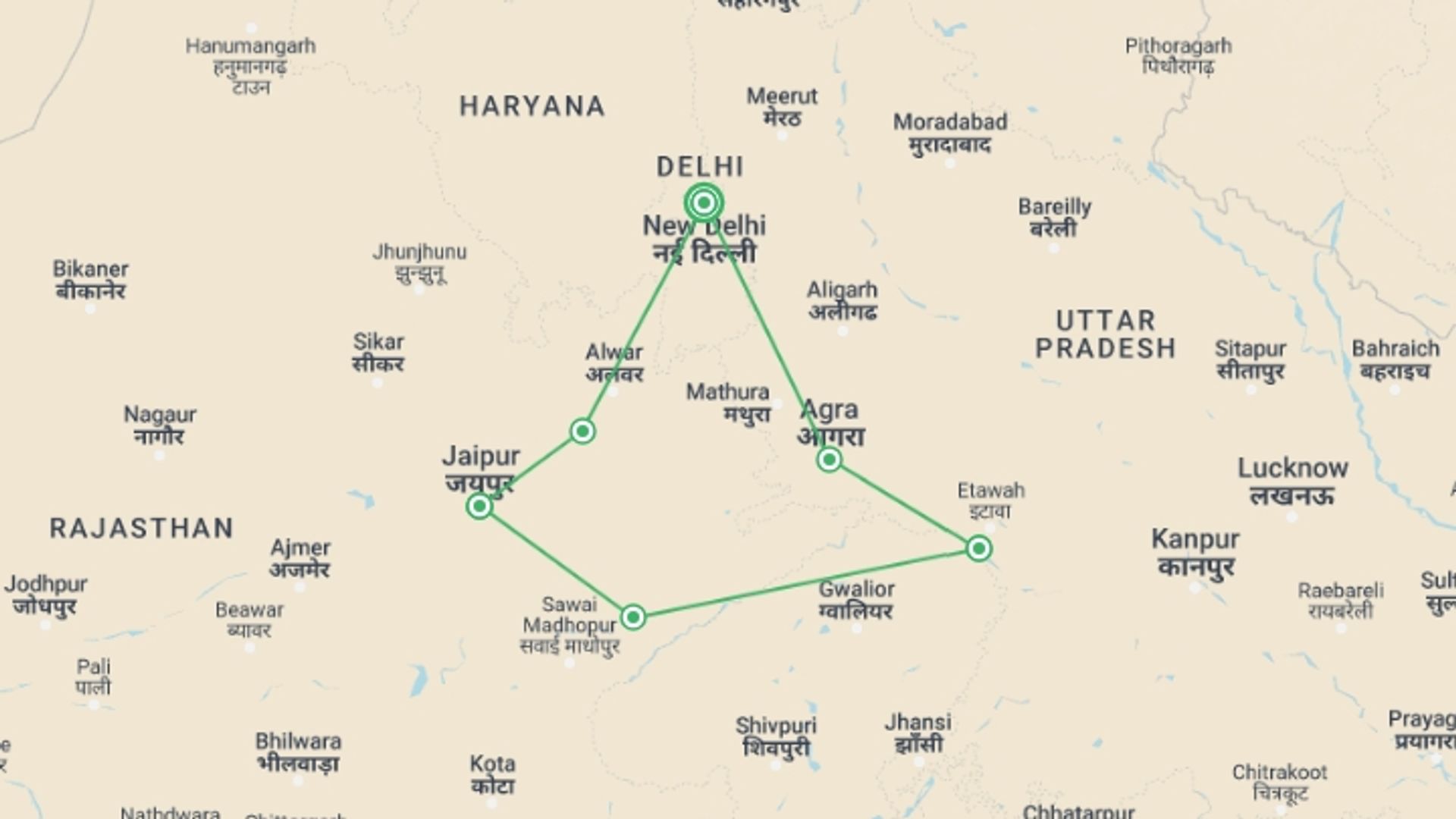 A map showing the tour itinerary for the trip: Royal Rajasthan Tour, starting in New Delhi, India and ending in New Delhi, India going through 5 other destinations.