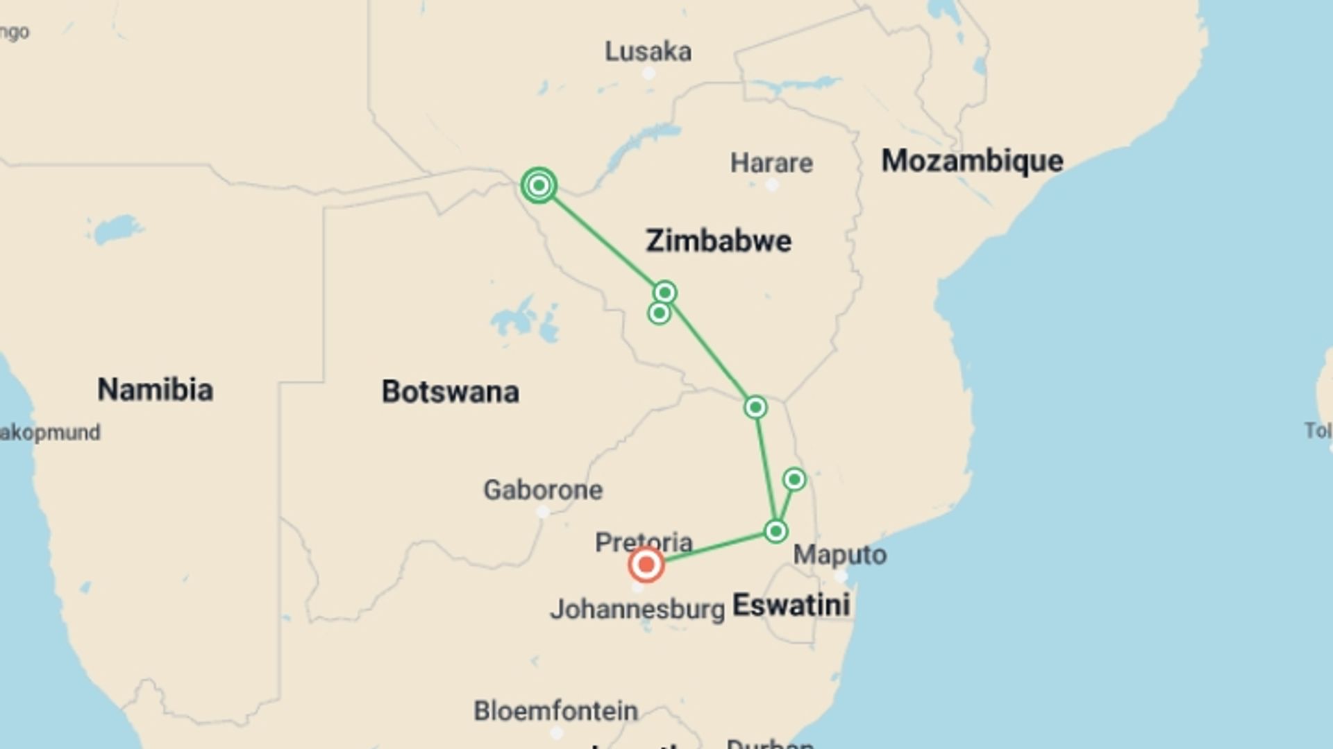 A map showing the tour itinerary for the trip: 7-day Victoria Falls to Kruger Accommodated, starting in Livingstone, Zambia and ending in Pretoria, South Africa going through 5 other destinations.