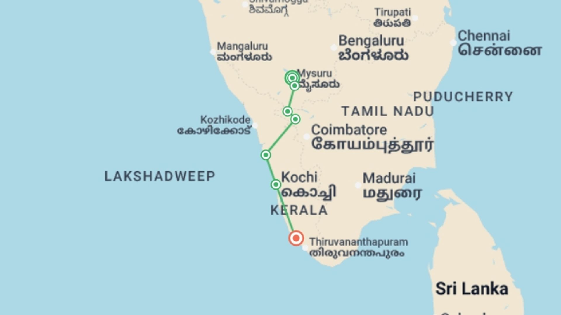 A map showing the tour itinerary for the trip: Cycle Kerala & Tropical India, starting in Mysore, India and ending in Varkala, India going through 5 other destinations.