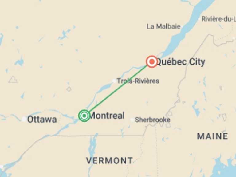 Map itinerary of Canada Tour in October 2025 with 2 destination visits for the trip: Montreal and Quebec