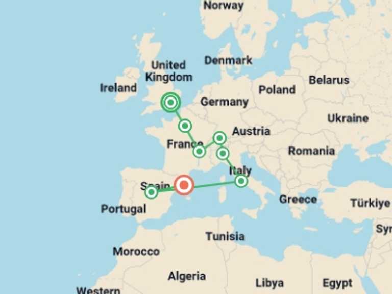 Map itinerary of Mediterranean Tour in May 2026 with 8 destination visits for the trip: Spectacular Europe with Barcelona