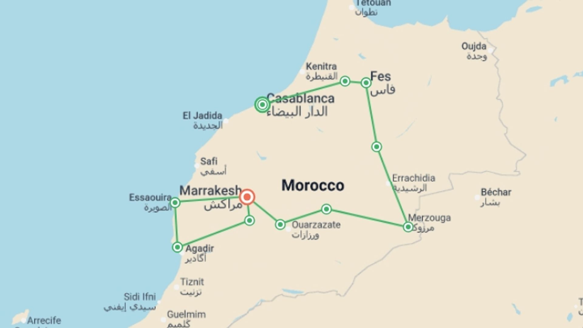A map showing the tour itinerary for the trip: Epic Morocco, starting in Casablanca, Morocco and ending in Marrakech, Morocco going through 9 other destinations.
