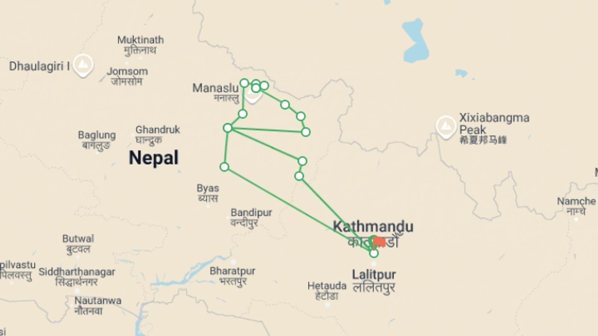A map showing the tour itinerary for the trip: Manaslu Trek, starting in Kathmandu, Nepal and ending in Kathmandu, Nepal going through 14 other destinations.