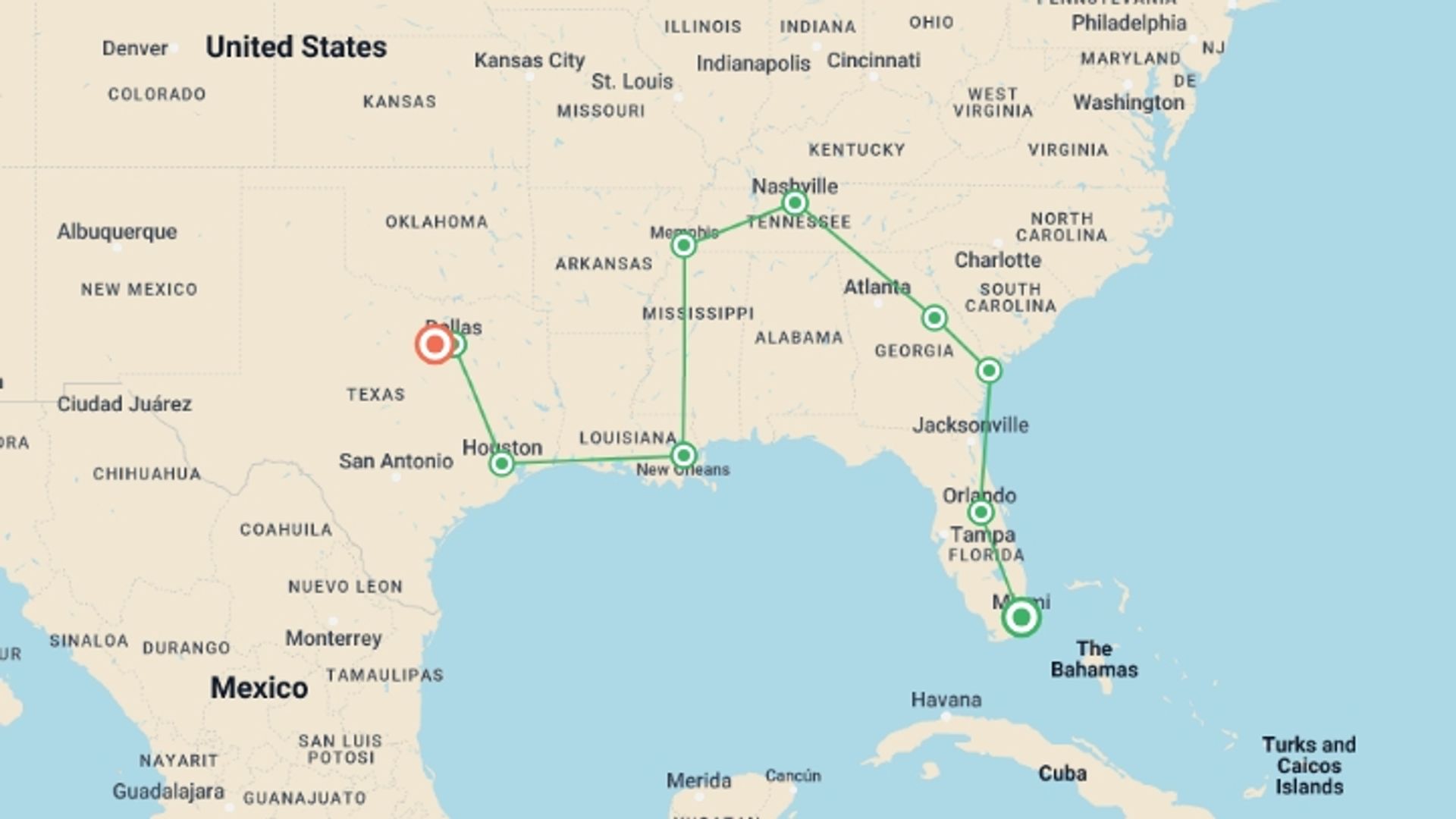 A map showing the tour itinerary for the trip: USA: Miami to Dallas Road Trip, starting in Miami, USA and ending in Fort Worth, USA going through 7 other destinations.