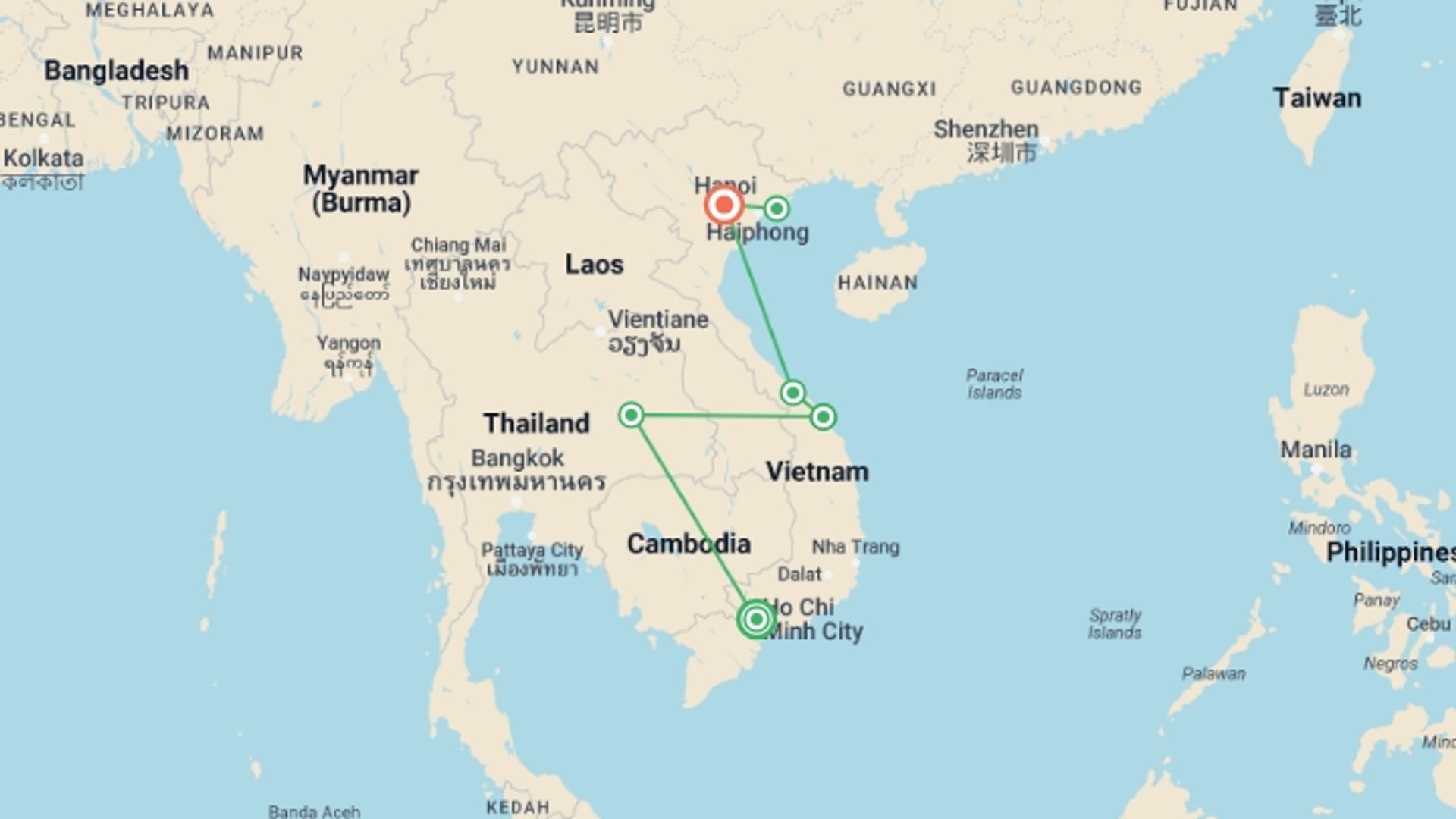 A map showing the tour itinerary for the trip: Mystic Vietnam Adventure in 10 Days, starting in Ho Chi Minh City, Vietnam and ending in Hanoi, Vietnam going through 5 other destinations.