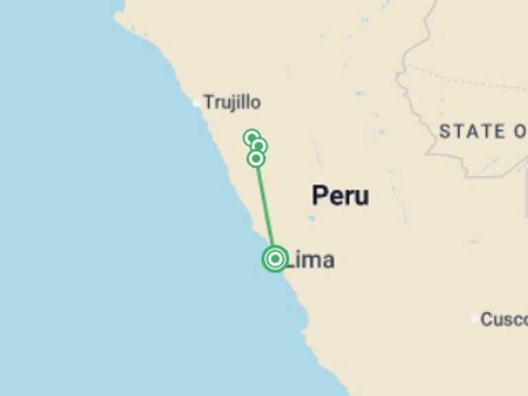 Map itinerary of South America Tour in December 2026 with 2 destination visits for the trip: Huaraz, The Heart Of The Mountains - Semi-private Tour