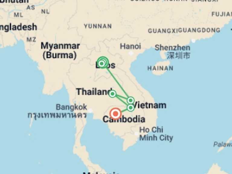 Map itinerary of Pakse Tour in October 2025 with 9 destination visits for the trip: Laos & Cambodia Family Adventure