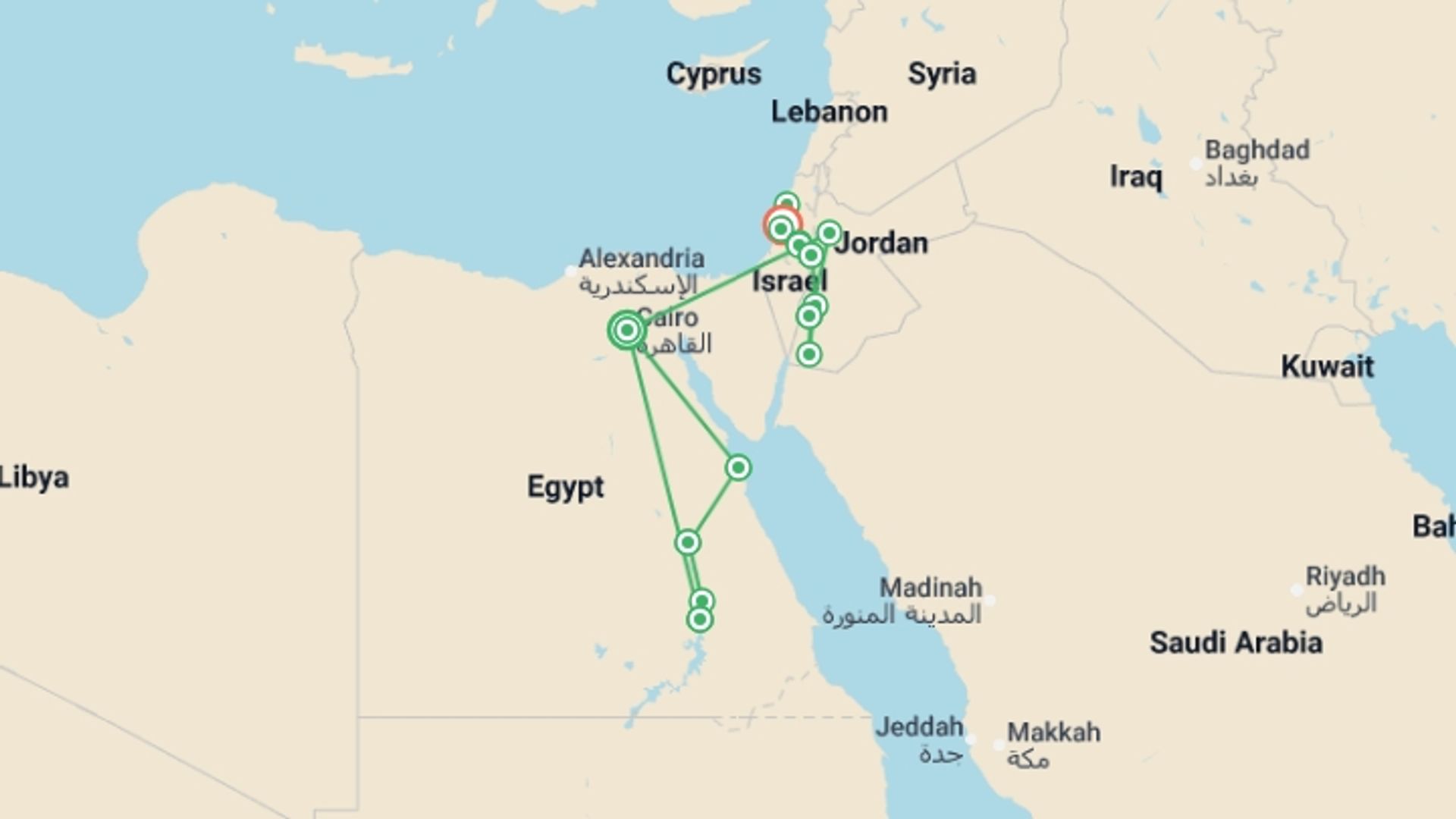 A map showing the tour itinerary for the trip: Budget Egypt, Jordan & Israel - 18 days, starting in Cairo, Egypt and ending in Tel Aviv, Israel going through 8 other destinations.