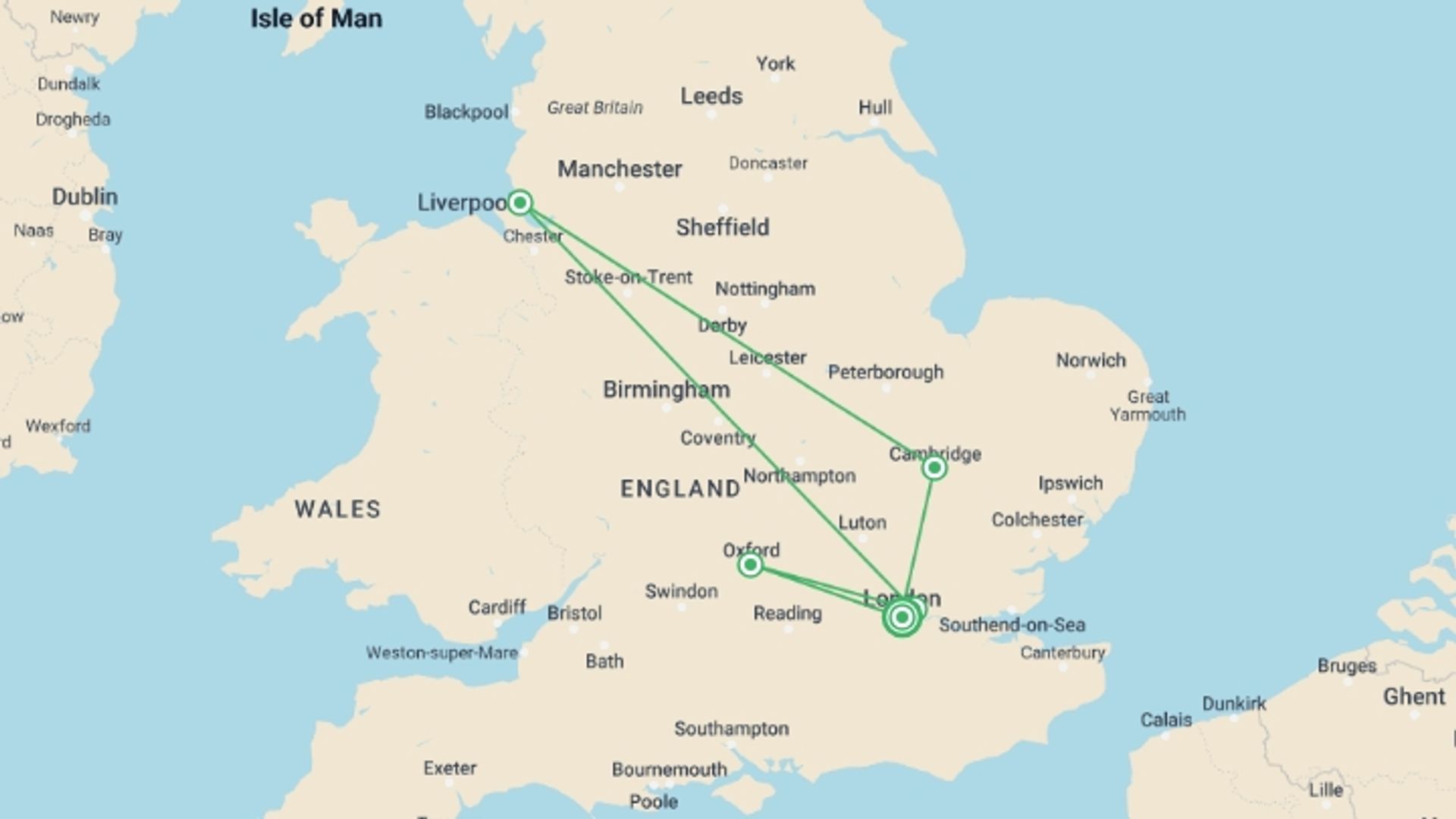 A map showing the tour itinerary for the trip: Essential England, starting in London, England and ending in London, England going through 1 other destinations.