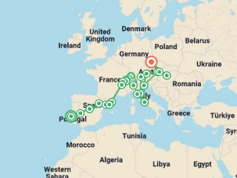 Map itinerary of Vienna Tour in February 2026 with 15 destination visits for the trip: Europe from West to East