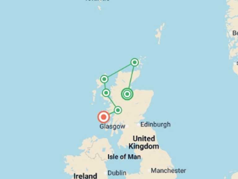 Map itinerary of Europe Tour in June 2026 with 7 destination visits for the trip: 12-Day Spiritual Journey through Sacred Scotland