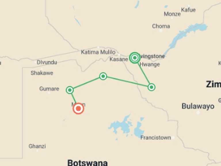 Map of Africa Tour with 5 destination visits for the trip: Journeys: Botswana & Zimbabwe Safari