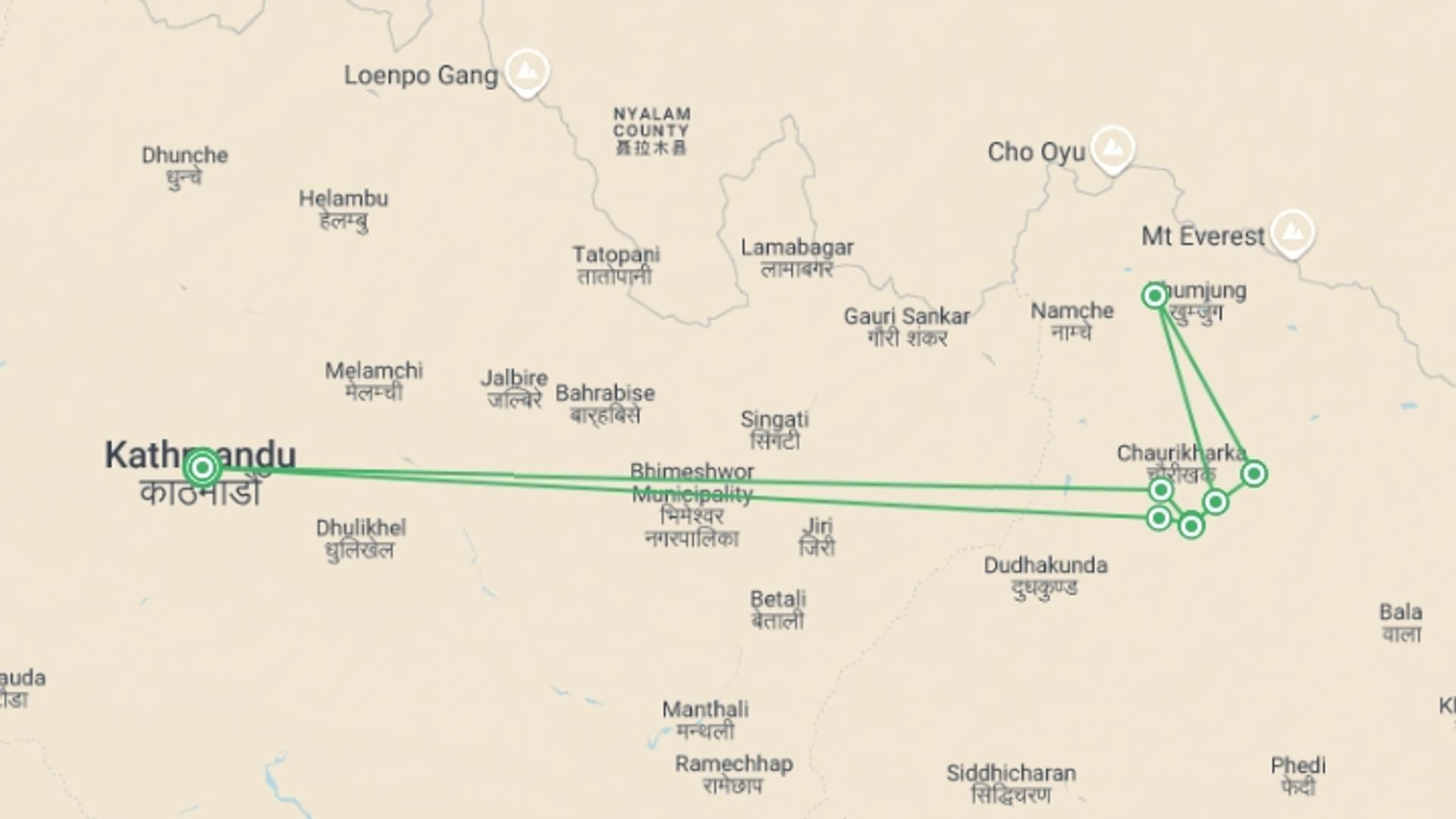 A map showing the tour itinerary for the trip: Summit Mera Peak, starting in Kathmandu, Nepal and ending in Kathmandu, Nepal going through 7 other destinations.