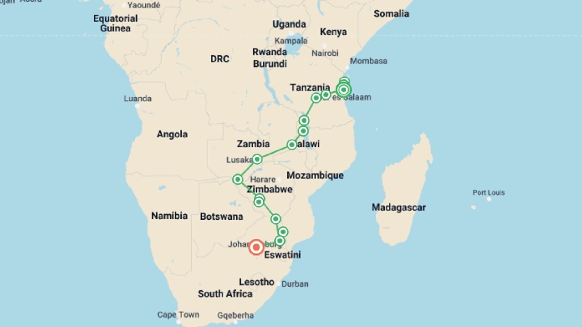 A map showing the tour itinerary for the trip: 22-day Zanzibar, Victoria Falls  Kruger Accommodated, starting in Dar Es Salaam, Tanzania and ending in Pretoria, South Africa going through 14 other destinations.