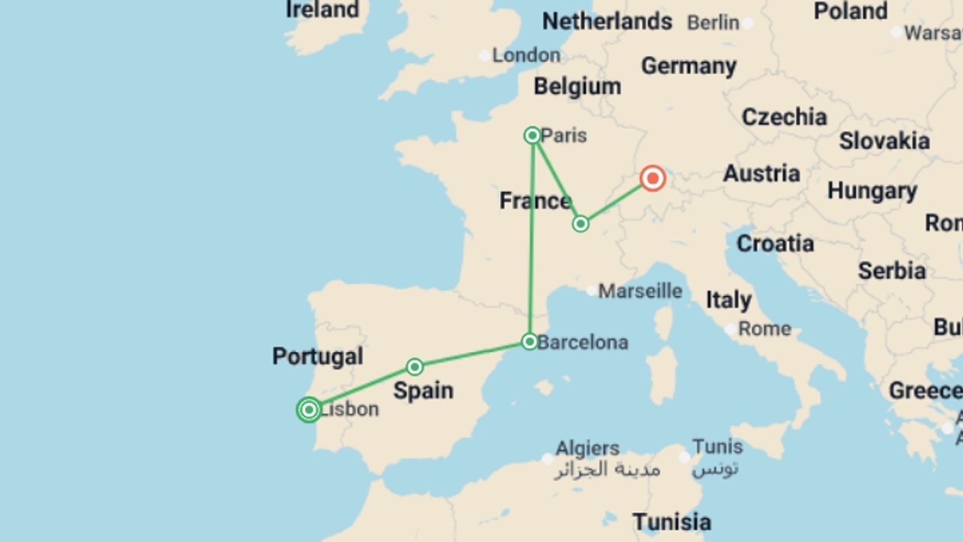 A map showing the tour itinerary for the trip: European Spotlight end Zurich, starting in Lisbon, Portugal and ending in Zurich, Switzerland going through 4 other destinations.