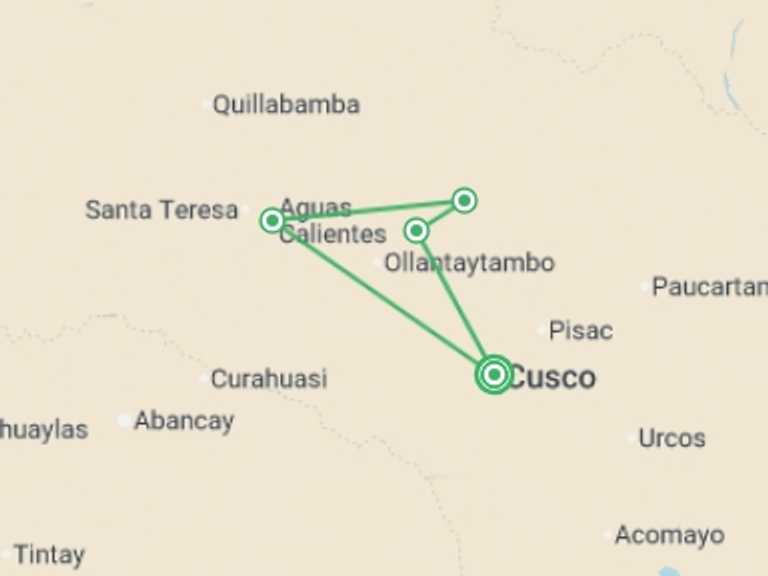 Map of 7-Day Cusco Tour with 4 destination visits for the trip: Lares Trek & Machu Picchu - 7 days