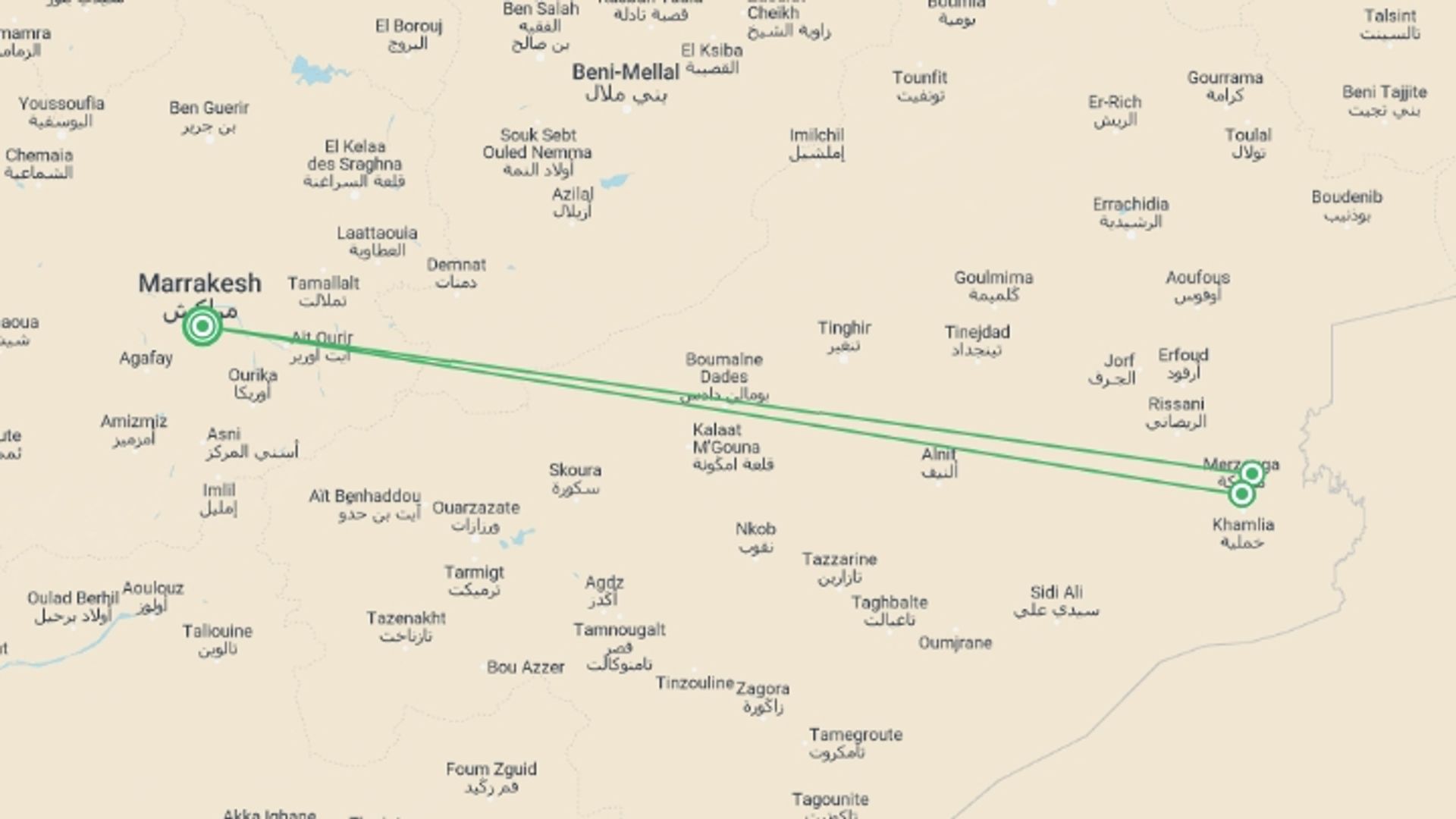 A map showing the tour itinerary for the trip: Sahara Quad Bike Adventure, starting in Marrakech, Morocco and ending in Marrakech, Morocco going through 5 other destinations.