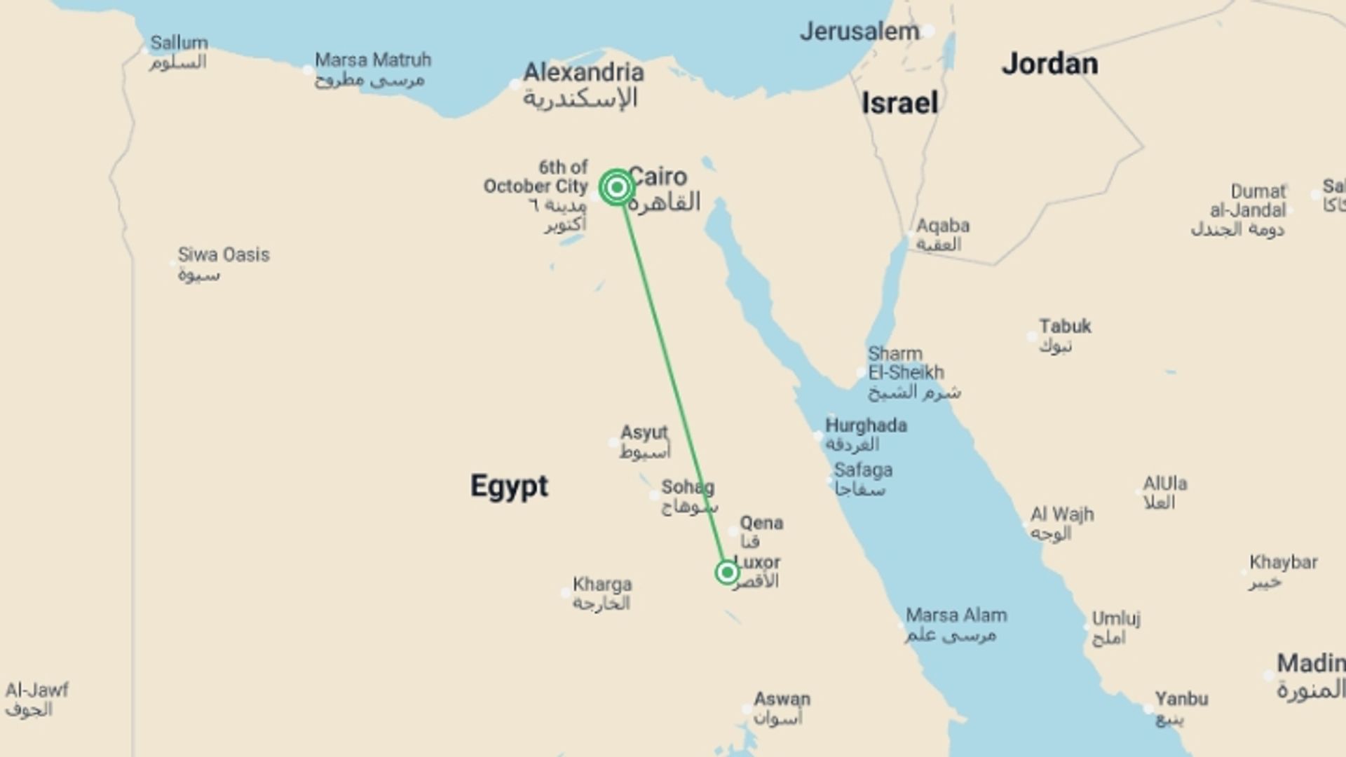 A map showing the tour itinerary for the trip: Simply Egypt, starting in Cairo, Egypt and ending in Cairo, Egypt going through 2 other destinations.