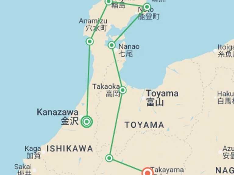Map itinerary of Takayama Tour in October 2026 with 8 destination visits for the trip: Japan Cycling Tour: Discover Japan's Heritage on Bike