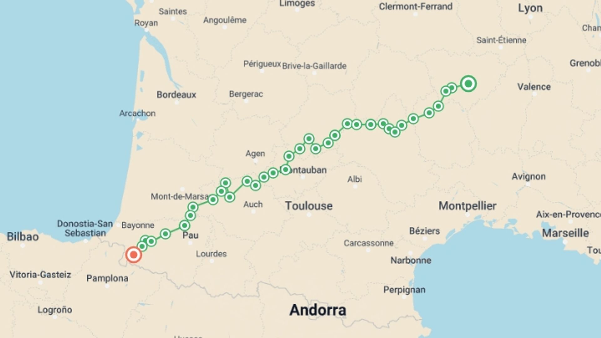 A map showing the tour itinerary for the trip: Full Le Puy Camino, starting in The Way of St. James, France and ending in Saint-Jean-Pied-de-Port, France going through 36 other destinations.