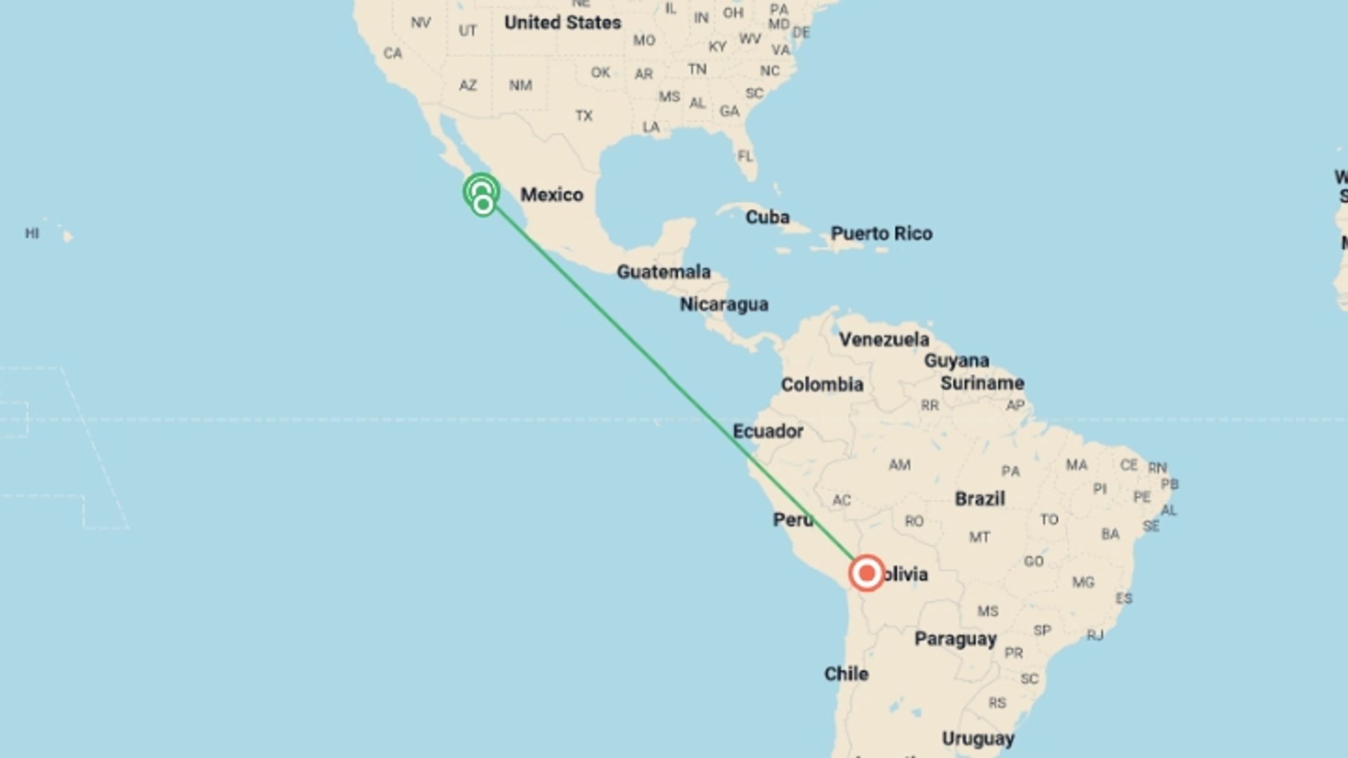 A map showing the tour itinerary for the trip: Baja Beach Bliss & Cultural Insights: La Paz & Cabo 6D/5N, starting in La Paz, Mexico and ending in La Paz, Bolivia going through 4 other destinations.