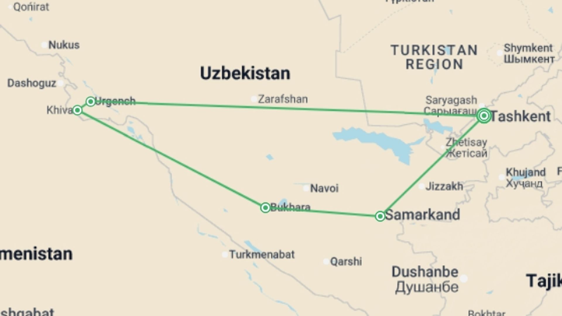 A map showing the tour itinerary for the trip: Silk Road Treasures of Uzbekistan, starting in Tashkent, Uzbekistan and ending in Tashkent, Uzbekistan going through 3 other destinations.