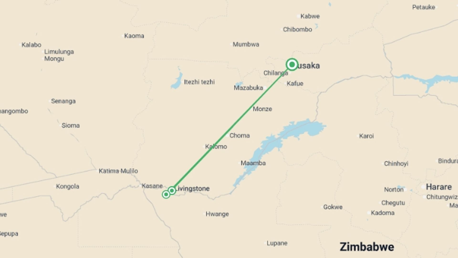A map showing the tour itinerary for the trip: Zambezi Canoe Safari, starting in Lusaka, Zambia and ending in Lusaka, Zambia going through 2 other destinations.