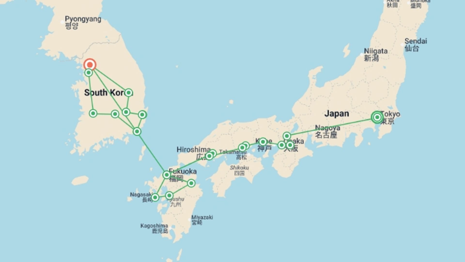 A map showing the tour itinerary for the trip: Unforgettable Japan with Kyushu and Korea’s Treasures, starting in Tokyo, Japan and ending in Seoul, South Korea going through 11 other destinations.