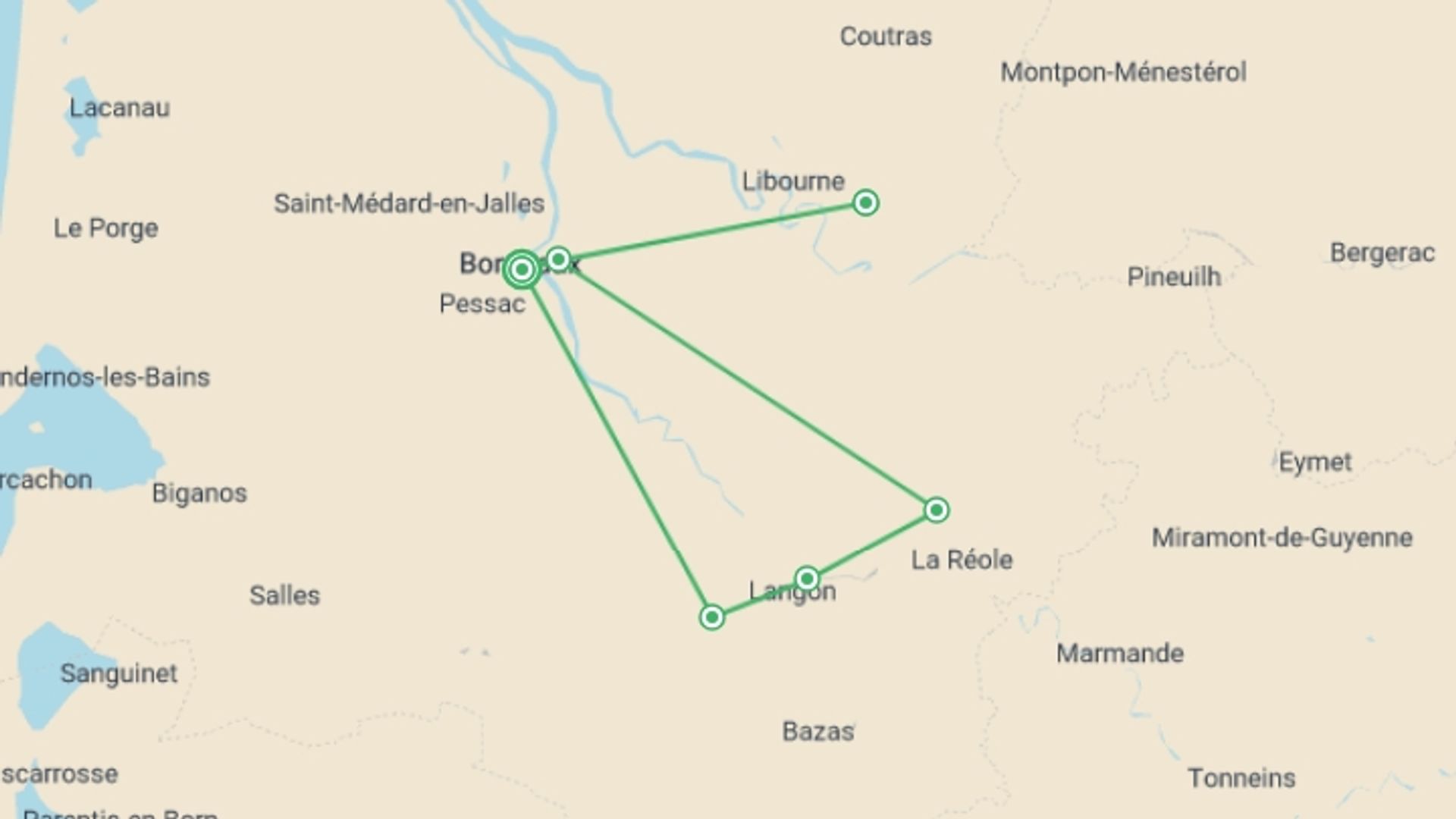 A map showing the tour itinerary for the trip: Bordeaux Vineyard Walk, starting in Bordeaux, France and ending in Bordeaux, France going through 5 other destinations.