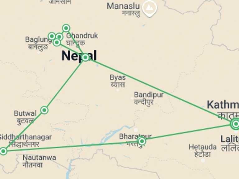 Map of Kathmandu Explorer Tour with 10 destination visits for the trip: Experience Nepal