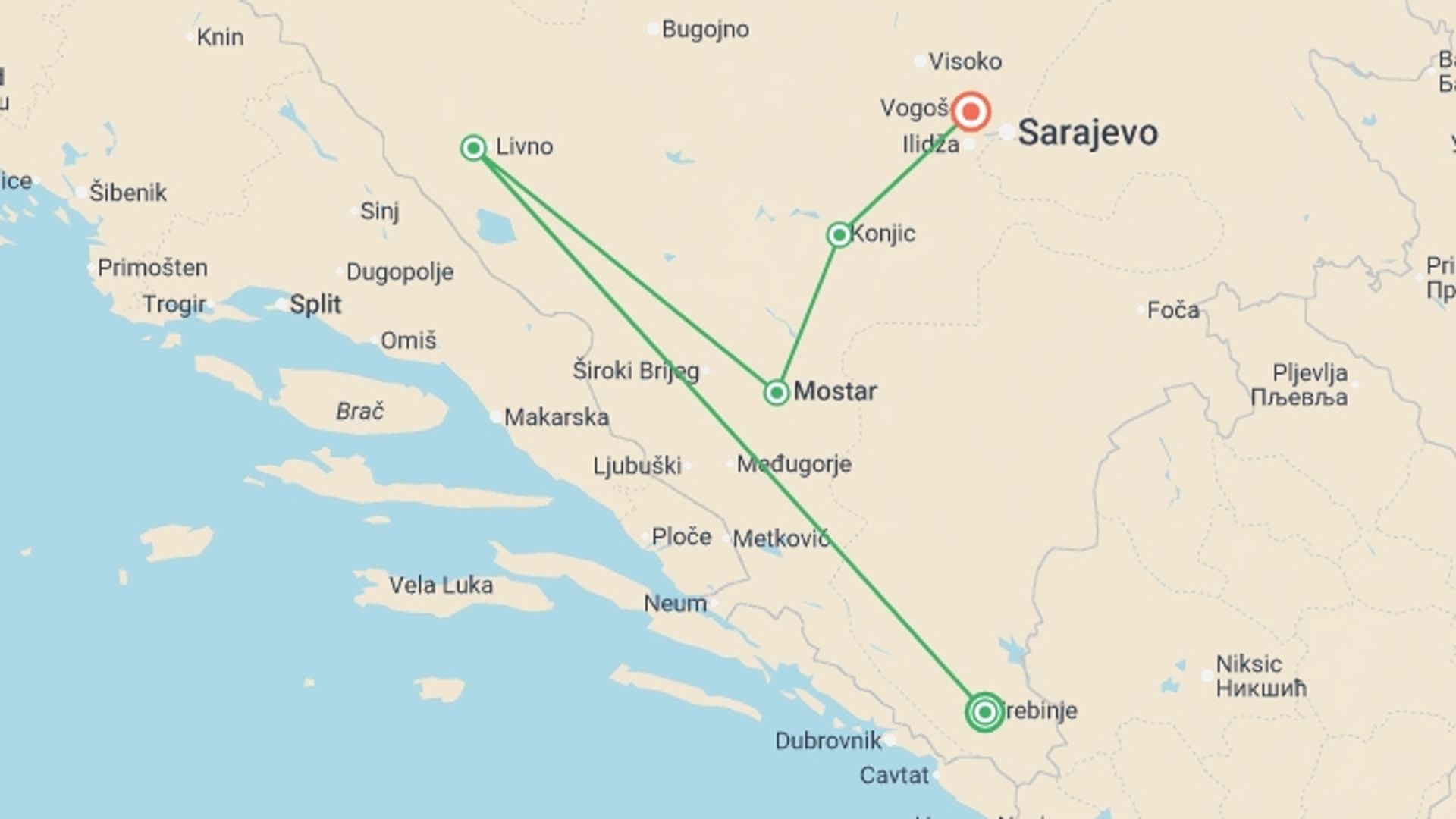 A map showing the tour itinerary for the trip: Bosnia and Herzegovina: Wild Horses & City Sights, starting in Trebinje, Bosnia Herzegovina and ending in Sarajevo, Bosnia Herzegovina going through 3 other destinations.