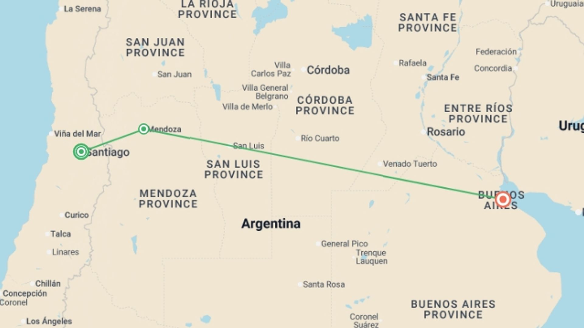 A map showing the tour itinerary for the trip: Essential South America featuring Chile, the Mendoza Wine Region & Buenos Aires, starting in Santiago, Chile and ending in Buenos Aires, Argentina going through 1 other destinations.
