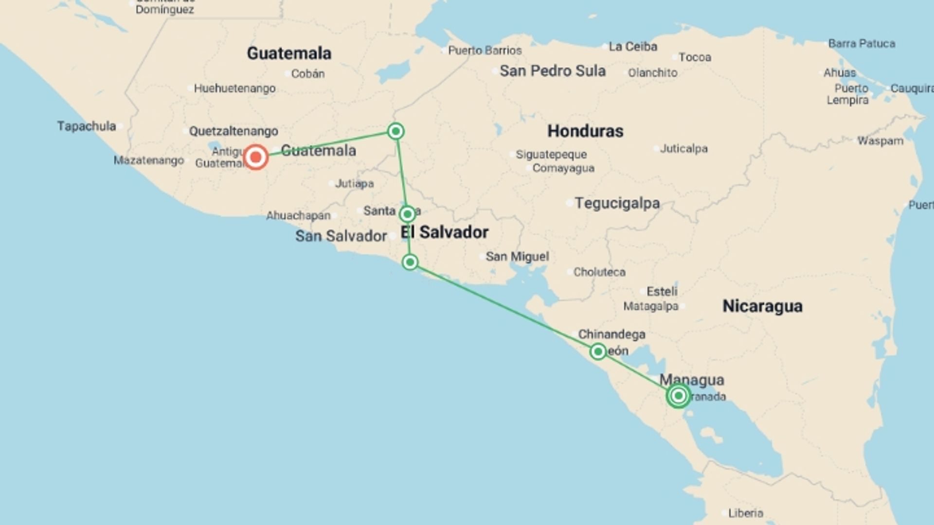 A map showing the tour itinerary for the trip: Nicaragua & Beyond, starting in Granada, Nicaragua and ending in Antigua, Guatemala going through 4 other destinations.