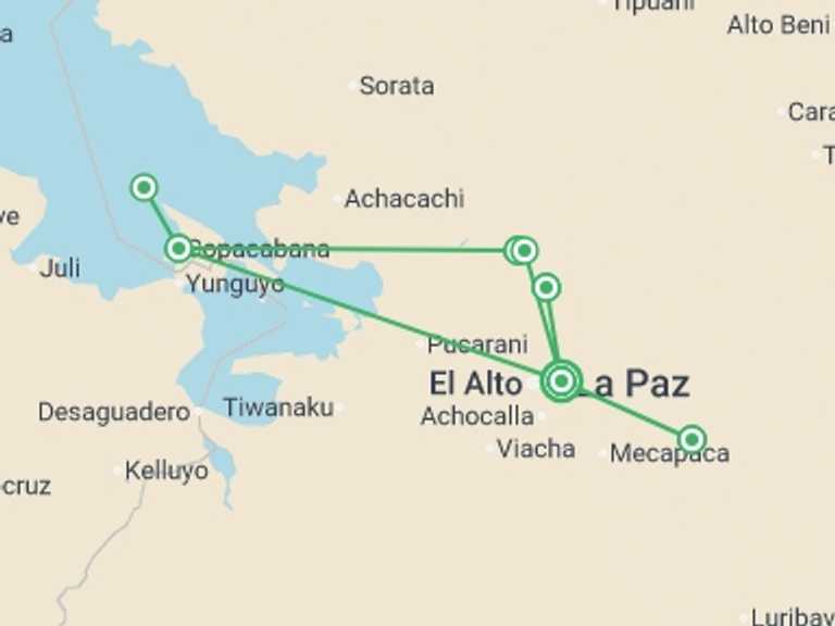 Map of South America Tour with 7 destination visits for the trip: Summits of Bolivia