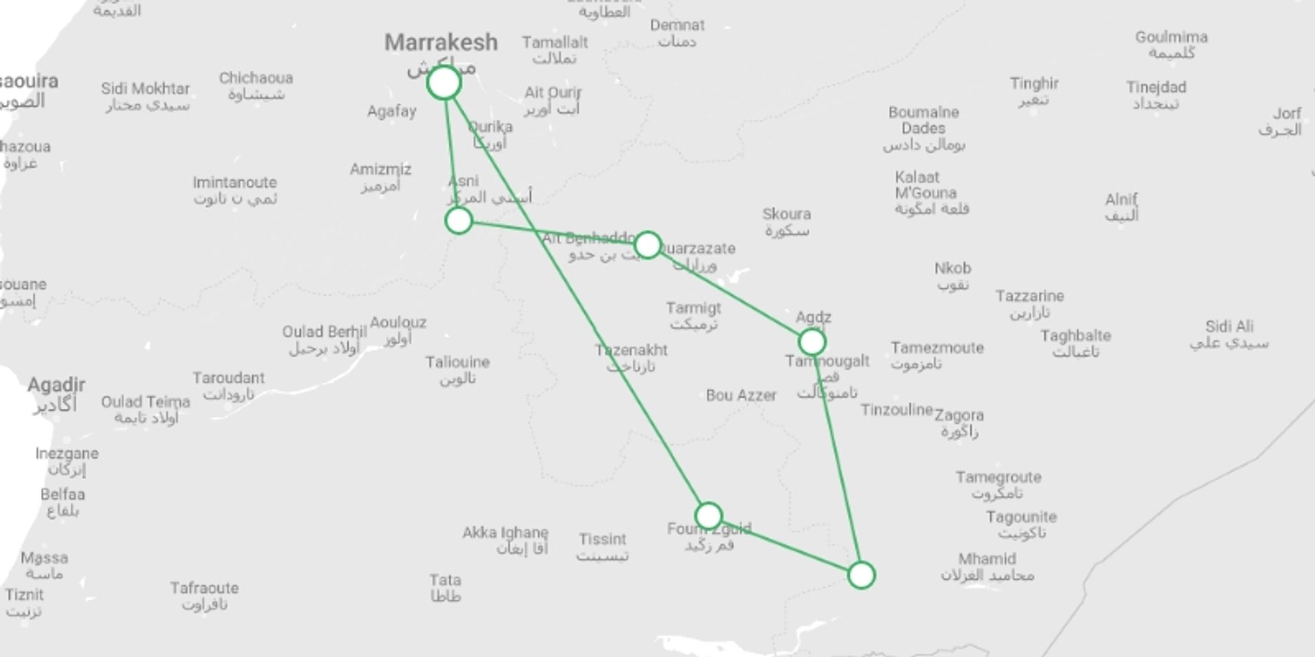 A map showing the tour itinerary for the trip: 3 Days desert Tour Marrakech to Erg Chigaga, starting in Marrakech, Morocco and ending in Marrakech, Morocco going through 3 other destinations.