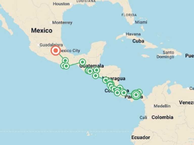 Map of North America Tour with 24 destination visits for the trip: Panama City to Mexico City Travel Pass
