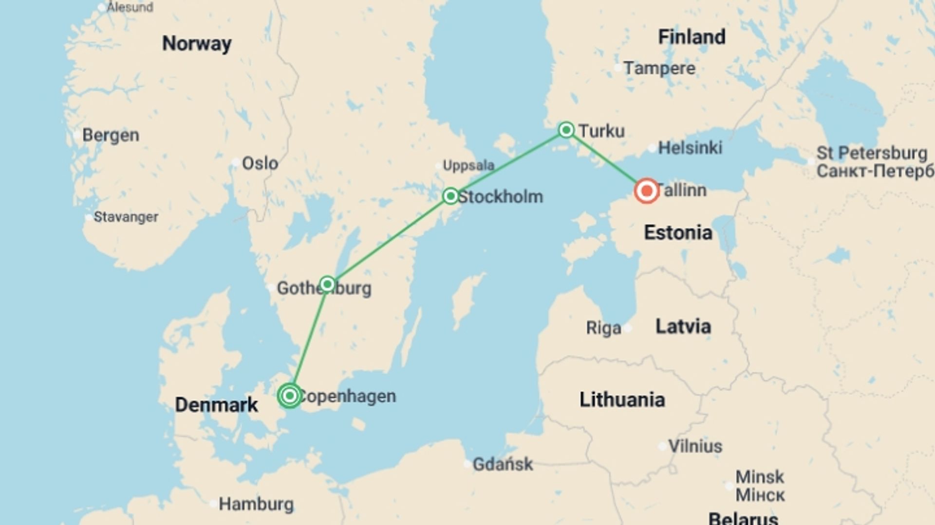A map showing the tour itinerary for the trip: Jewels of Scandinavia End Tallinn, starting in Copenhagen, Denmark and ending in Tallinn, Estonia going through 3 other destinations.