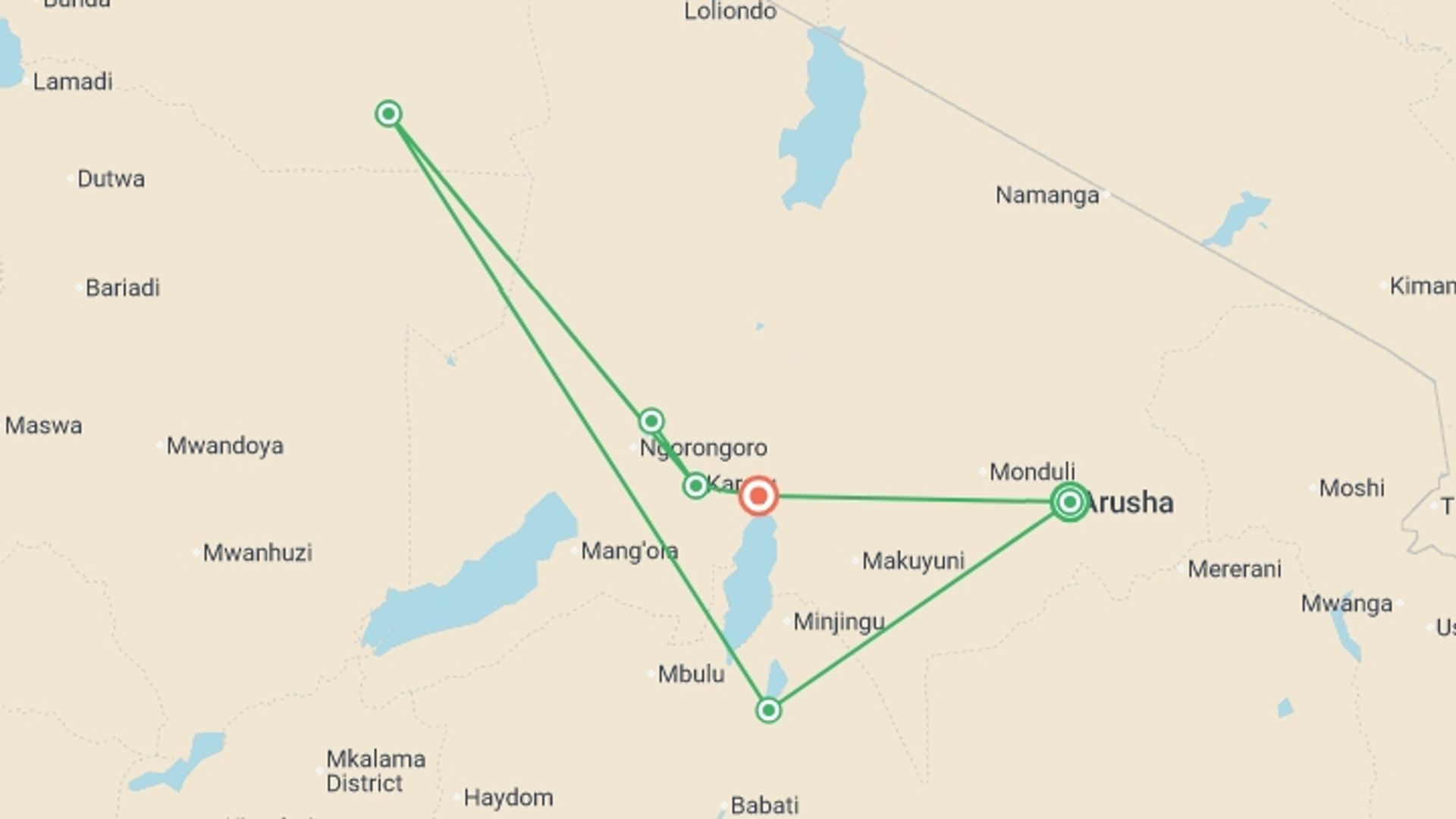 A map showing the tour itinerary for the trip: Tanzania Wildlife Week - 7 days, starting in Arusha, Tanzania and ending in Lake Manyara National Park, Tanzania going through 4 other destinations.