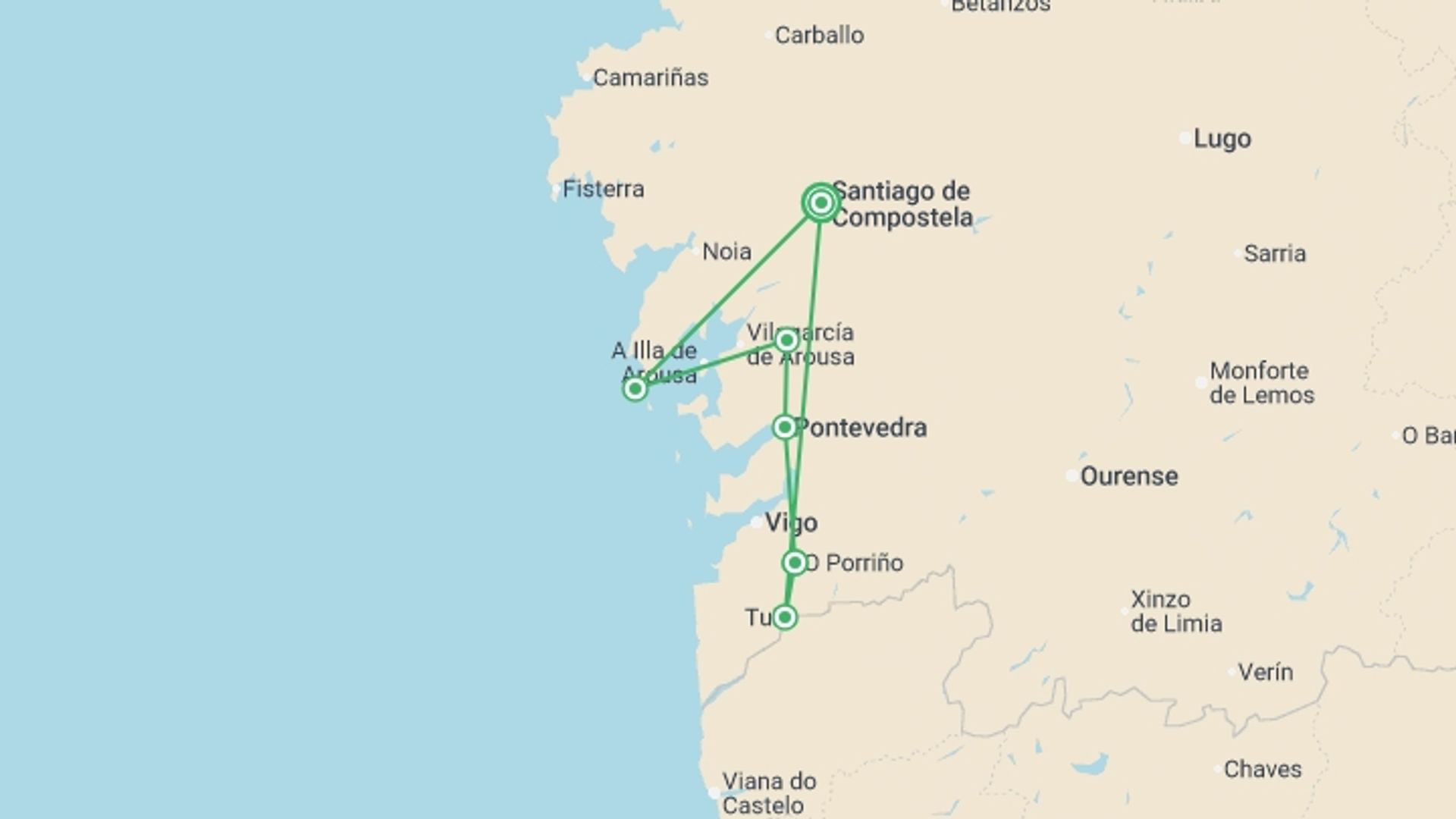 A map showing the tour itinerary for the trip: Camino de Santiago The Portuguese Way - 8 days, starting in Santiago De Compostela, Spain and ending in Santiago De Compostela, Spain going through 1 other destinations.