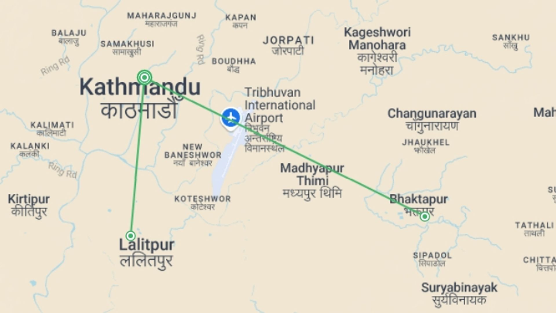 A map showing the tour itinerary for the trip: Explore Kathmandu, starting in Kathmandu, Nepal and ending in Kathmandu, Nepal going through 2 other destinations.