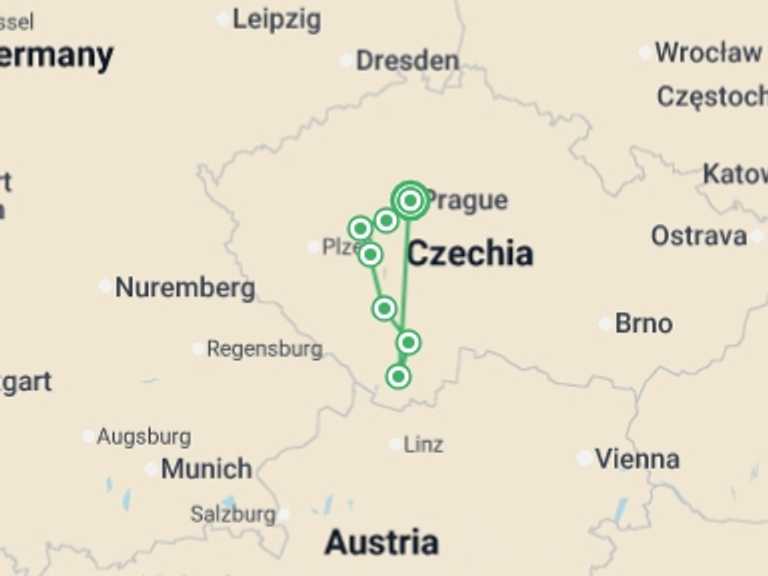 Map itinerary of Eastern Europe Tour in June 2026 with 7 destination visits for the trip: Czech Castles Cycle