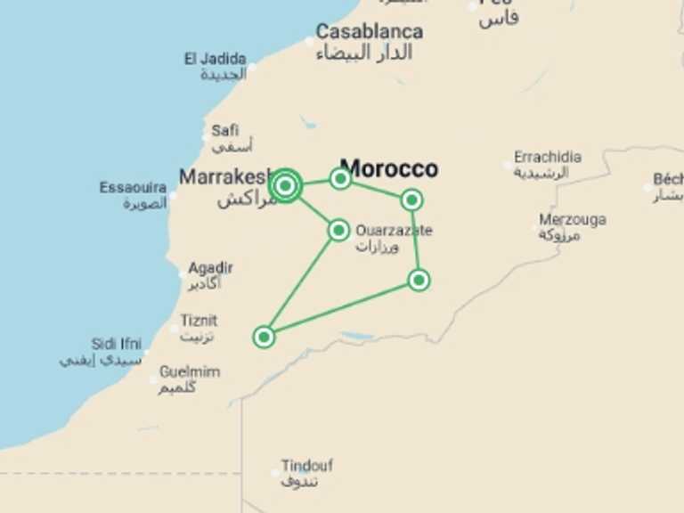 Map itinerary of Mediterranean Tour in July 2026 with 4 destination visits for the trip: Marrakech & Desert Week - 7 days