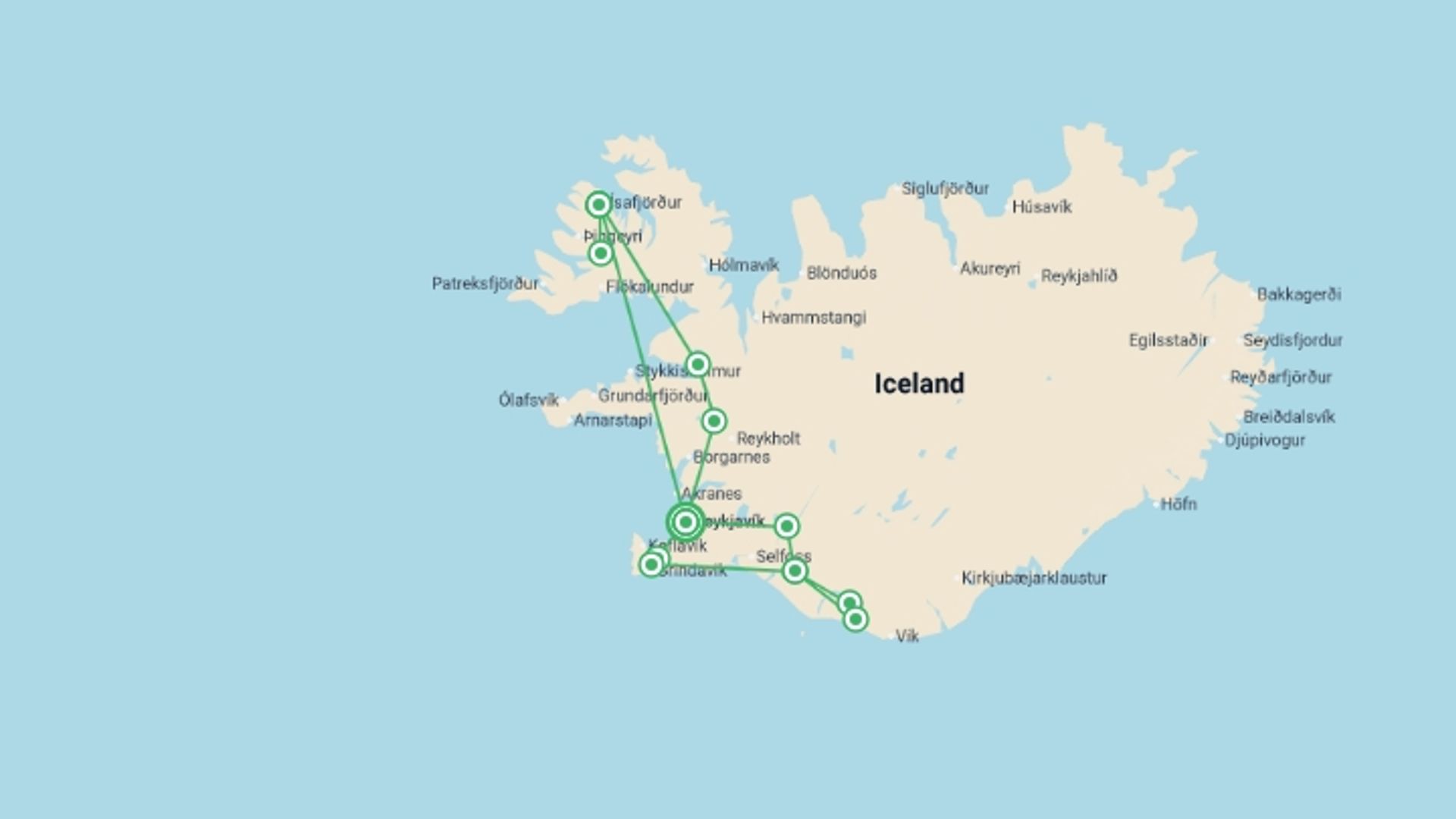 A map showing the tour itinerary for the trip: Land of the Northern Lights & Westfjords - 11 days, starting in Reykjavik, Iceland and ending in Reykjavik, Iceland going through 2 other destinations.