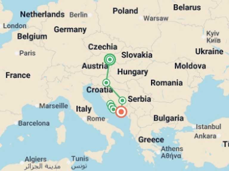 Map itinerary of Europe Tour in Spring with 8 destination visits for the trip: Vienna and Croatia with Islands