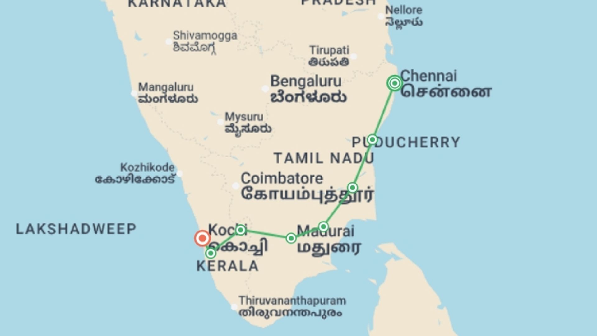 A map showing the tour itinerary for the trip: Spectacular South India - 14 days, starting in Chennai, India and ending in Kochi, India going through 6 other destinations.