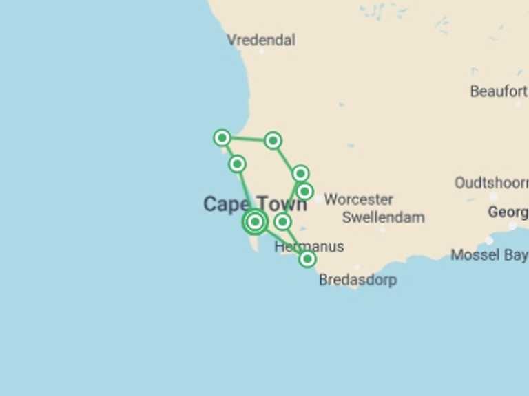 Map itinerary of Cape Town Tour in January 2027 with 8 destination visits for the trip: Cape Town: West Coast