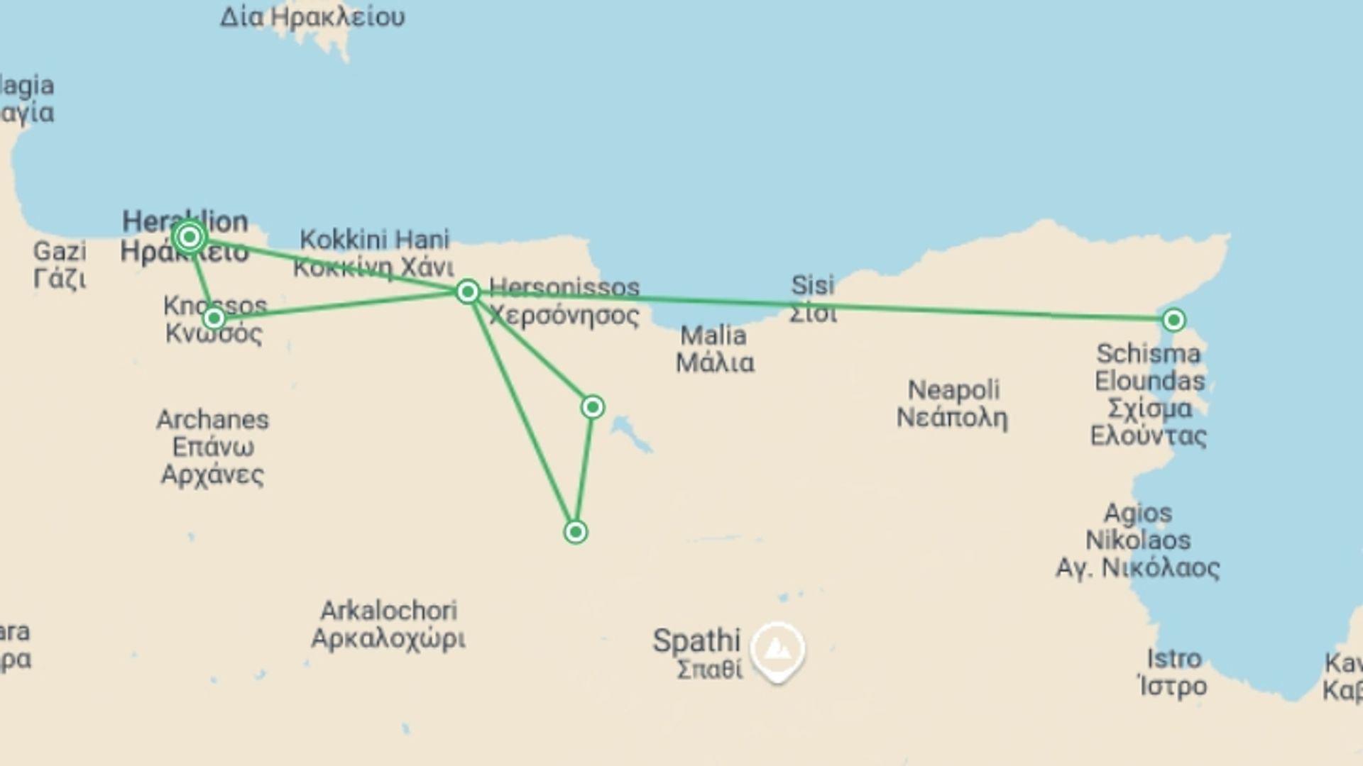 A map showing the tour itinerary for the trip: The Labyrinth Of Crete, German-speaking Guide, starting in Heraklion, Greece and ending in Heraklion, Greece going through 1 other destinations.