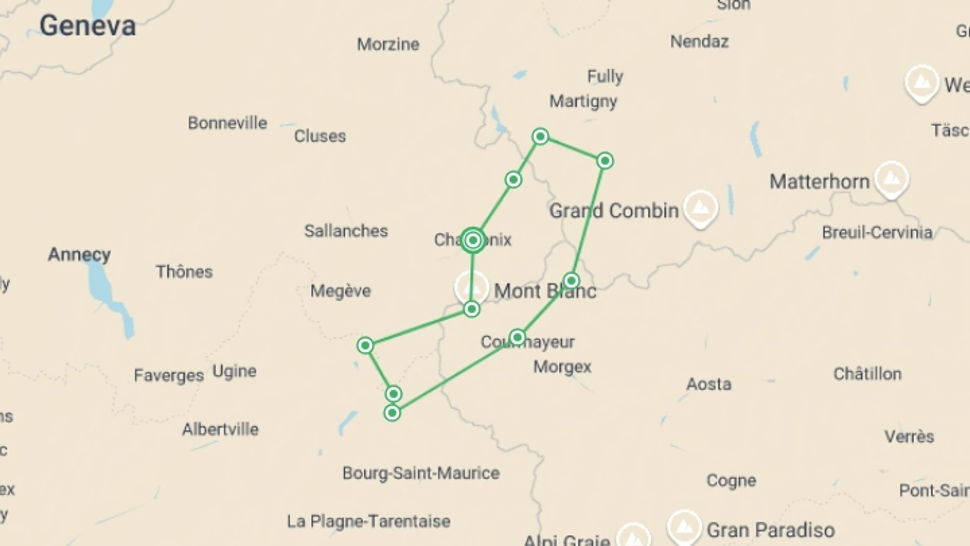 A map showing the tour itinerary for the trip: Mont Blanc Self Guided Hike, starting in Chamonix, France and ending in Chamonix, France going through 7 other destinations.