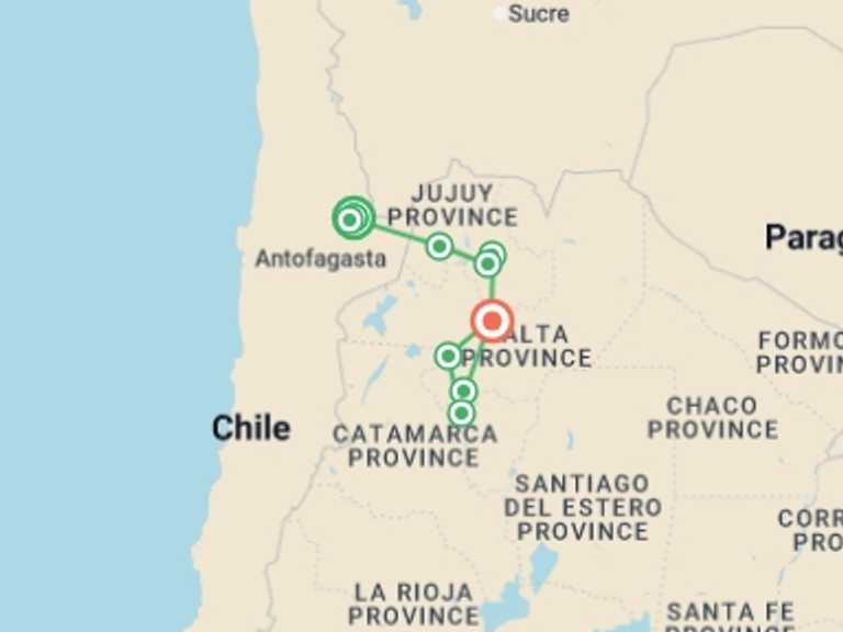 Map itinerary of South America Tour in November 2026 with 9 destination visits for the trip: Cycle Chile & Argentina: Atacama to Salta