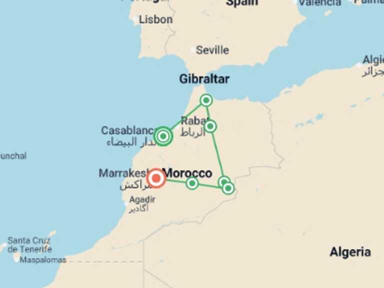 Map itinerary of Mediterranean Tour in March 2027 with 7 destination visits for the trip: Morocco Premium Family Holiday